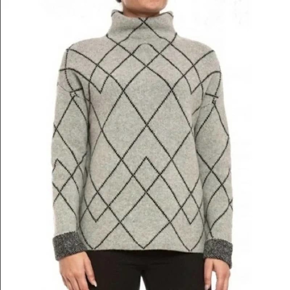 Christian Siriano Womens Oversized Argyle Mock Neck Sweatshirt Gray Black Large